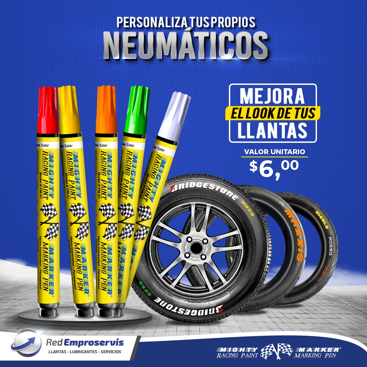  MC Motoparts Rotulador permanente de neumáticos blanco, rojo,  azul, verde, amarillo, herramienta de pintura para letras automotrices :  Automotriz